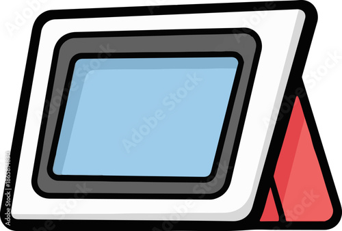 A digital device stand with a light blue screen and a red supporting leg