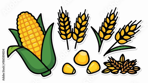 A collection of cartoonish corn on the cob, wheat stalks, and kernels on a white background