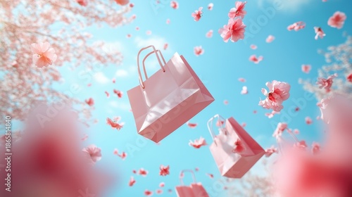Colorful shopping bags falling with sakura tree on color background,spring season sale, shopping online season,holiday winter shopping bags and gift boxes,space for text.