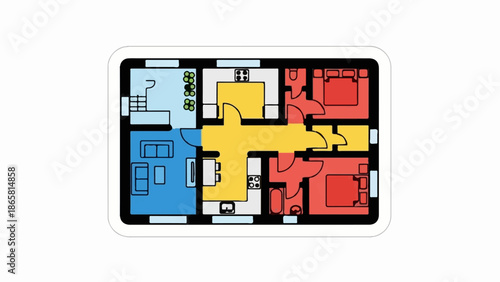A colorful floor plan shows rooms, furniture, and bathroom fixtures for a multi-room dwelling