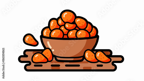 A colorful illustration of a bowl overflowing with bright orange snacks on a wooden surface