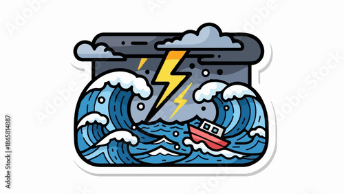 Small red boat tossed by massive waves under a stormy, lightning-filled sky