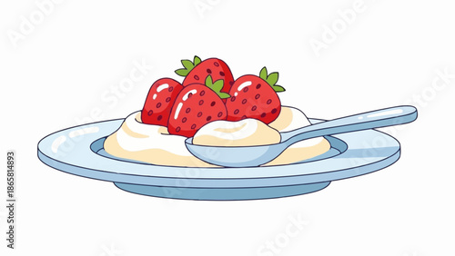 A light blue plate holds a creamy dessert topped with fresh strawberries and a spoon
