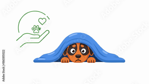 Frightened puppy peeks from under a blue blanket, with a caring hand and paw symbol