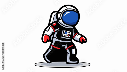Cartoon astronaut character in a stylized black and white suit with red accents and blue visor