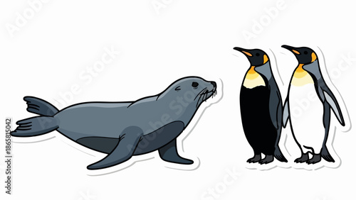 A grey seal swims near two king penguins