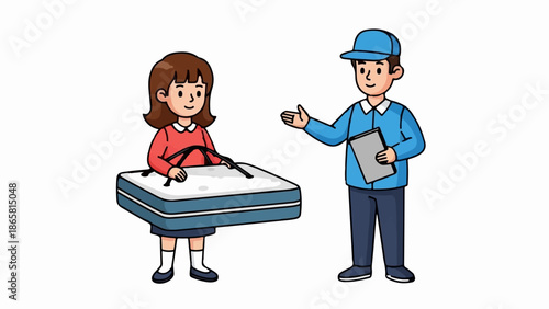 A child receives a mattress delivery from a uniformed person with a clipboard