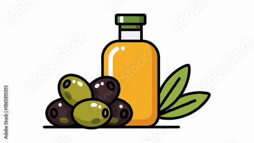 A cartoon illustration of a bottle of golden oil with olives and leaves