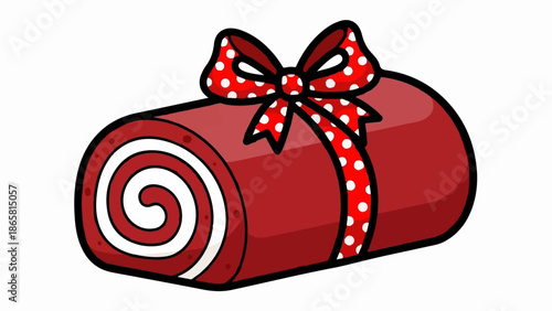 A stylized red cake roll with a white swirl inside, adorned with a red polka dot ribbon