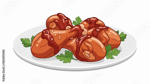 A platter of roasted chicken drumsticks drizzled with a dark sauce and garnished with parsley