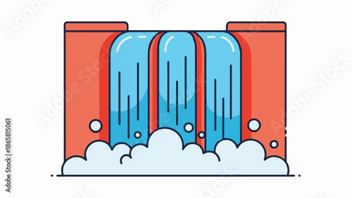 Stylized waterfall with coral-red structure, cascading blue water, and white foam