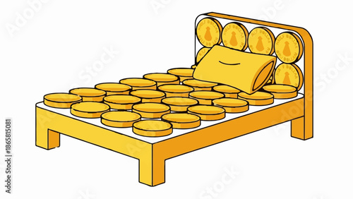 A bed overflowing with gold coins, topped with a yellow pillow