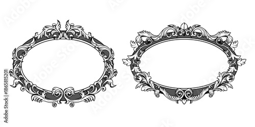 Ornate baroque flourish frame set with vintage oval border and decorative Victorian ornament. Elegant antique filigree design with intricate floral motifs for wedding invitations or mirror frames.