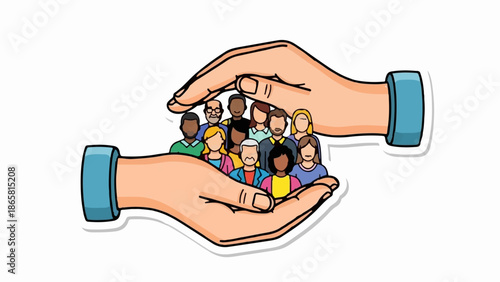 A diverse group of stylized people are held safely within two cupped hands
