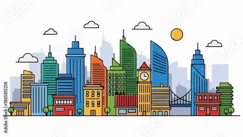 A colorful, stylized cityscape with varied tall buildings, clouds, and a sun