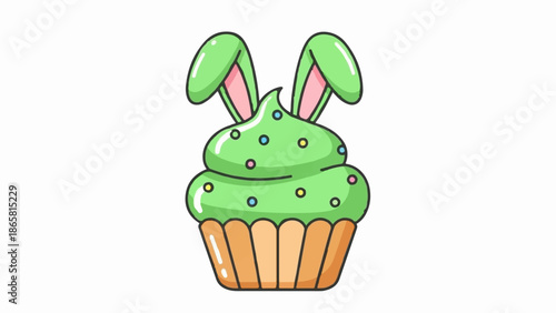 A green cupcake with bunny ears and colorful sprinkles