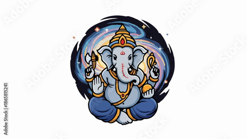 A divine elephant-headed deity sits in meditation, surrounded by cosmic swirls and stars