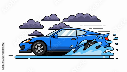 Blue car speeding through water, under stormy clouds