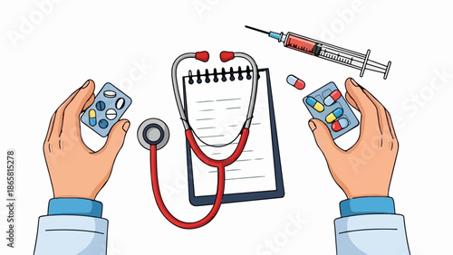 A doctor's hands hold pills, a syringe, and stethoscope on a notepad