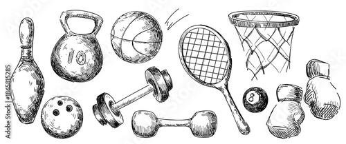 Vintage sports gear sketch set isolated on white. Vector illustration of hand drawn bowling pin, boxing gloves, tennis racket, dumbbells, volleyball and basketball items, kettlebell, billiard ball