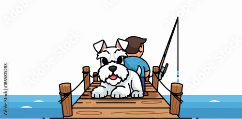 A dog and person fishing on a wooden pier by the water