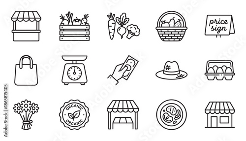 Set of farmers market line icons featuring a stall, fresh produce, fruit basket, weighing scale, and organic food symbols in a simple, clean vector illustration style