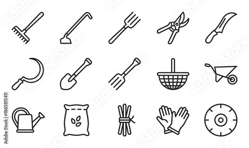 Gardening and farming tools icon set with rake, shovel, pitchfork, watering can, and wheelbarrow in a minimalist black line art style for agricultural concepts