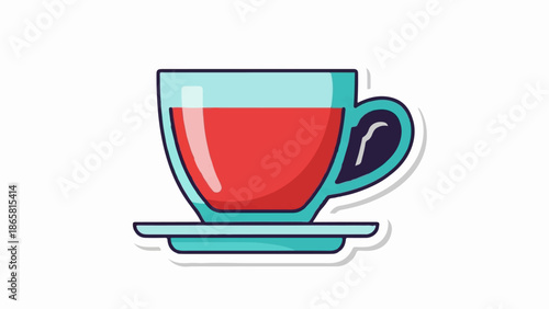 A minimalist cartoon illustration of a turquoise teacup filled with red liquid sits on a matching saucer, white background