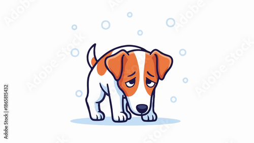 A sad cartoon dog with floppy ears and a wagging tail, looking down