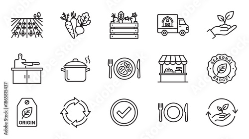 Set of black line art icons representing the farm-to-table concept, including agriculture, fresh produce, cooking, local market, and sustainable food production symbols