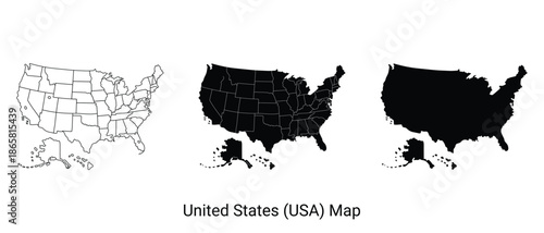 Set of three united states usa maps outline, dotted, and solid fill