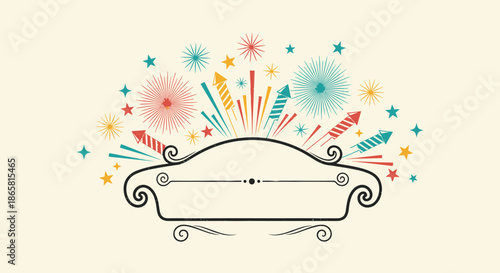 Elegant vintage style frame features a burst of colorful fireworks and stars above it on a light cream background.