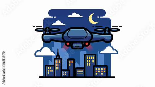 A drone flies over a city skyline at night, with a crescent moon visible in the sky