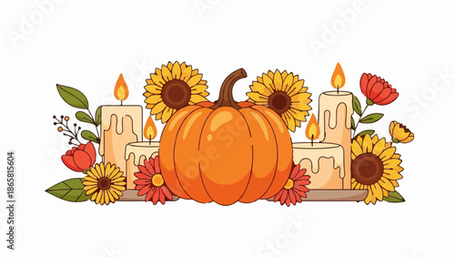 A festive arrangement of a pumpkin, lit candles, and blooming sunflowers and tulips