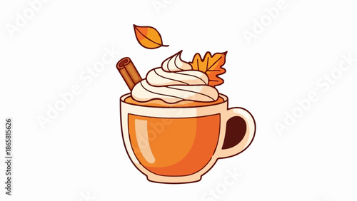 A festive autumn beverage with whipped cream, a cinnamon stick, and decorative leaves