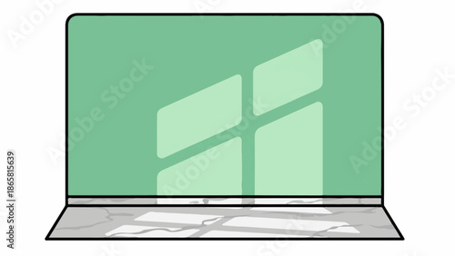 A minimalist cartoon laptop with a light green screen displaying abstract shadows, and a marbled keyboard