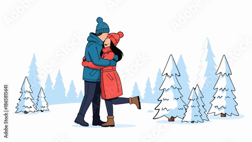 A couple embraces tenderly in a snowy forest, surrounded by winter trees and soft white snow