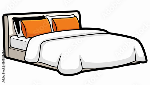 A cozy bed with white sheets, orange and black pillows