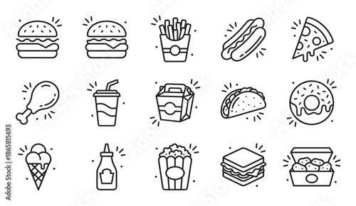 Collection of fast food line art icons in a simple black outline style, featuring a burger, fries, pizza, hot dog, soda, donut, taco, and other popular takeaway meals