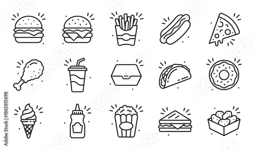 Collection of minimalist fast food line icons featuring a hamburger, pizza, fries, hot dog, donut, and soda, presented in a clean and simple black outline graphic style