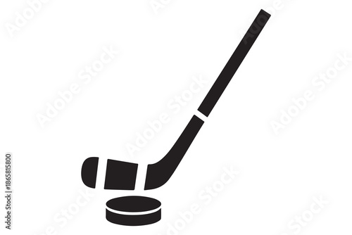 Black silhouette of a hockey stick and a puck on a white background representing the sport of hockey