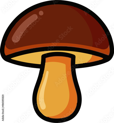 Cartoon brown mushroom with thick black outlines and light yellow gills