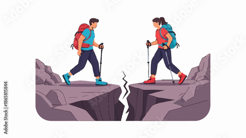 Two hikers with backpacks and poles stand on opposite sides of a chasm