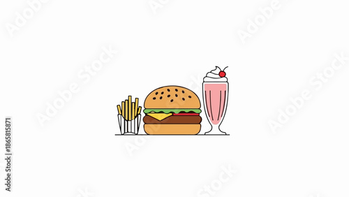 A classic American fast-food meal with a burger, fries, and a cherry-topped milkshake