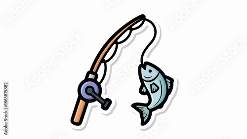 A cartoon illustration of a fishing rod with a caught fish