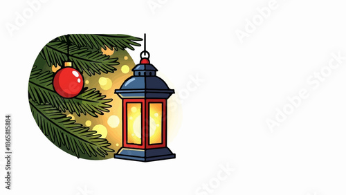 A festive lantern hangs near a red ornament on a pine branch, glowing with warm light