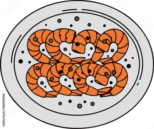 A stylized illustration of cooked shrimp served on a round platter