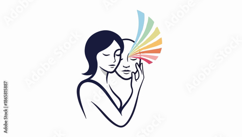 Abstract depiction of two faces, one revealing a fan of rainbow colors