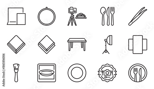 Collection of black line art icons for food photography and styling, featuring a camera, cutlery, plate, table, studio light, and various props for creating culinary content