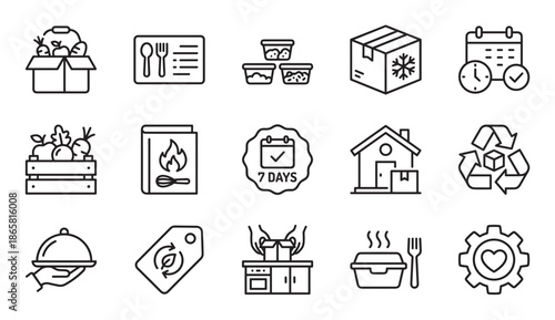 Food delivery and meal kit service line icons collection showing grocery boxes, recipe books, frozen shipping, home delivery, and scheduling for online ordering
